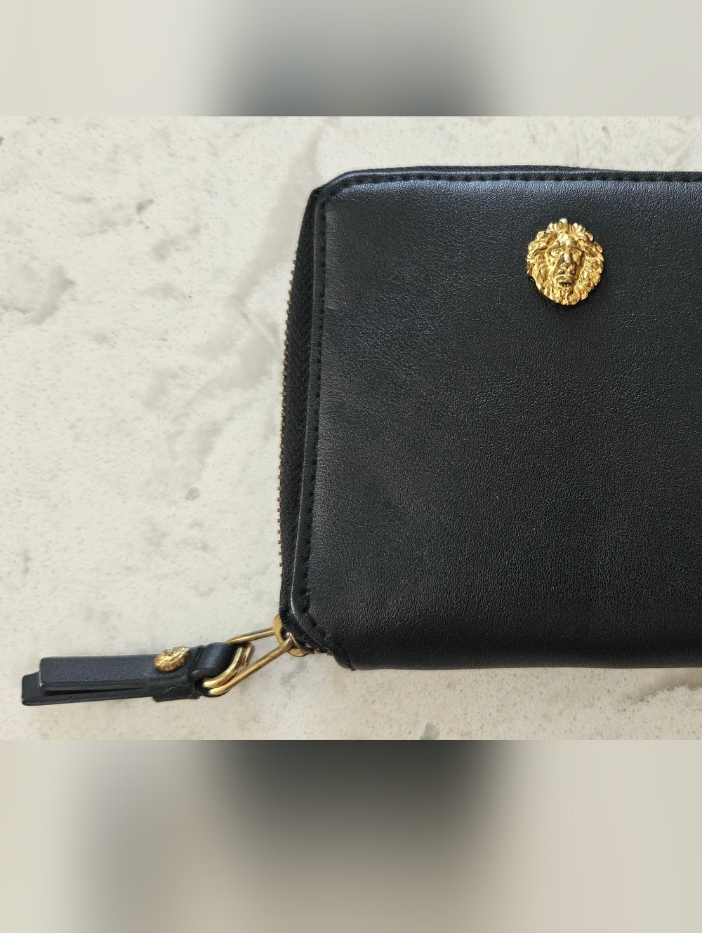 Anne Klein Black Zip Around Wallet with Gold Raised Lion Head Logo